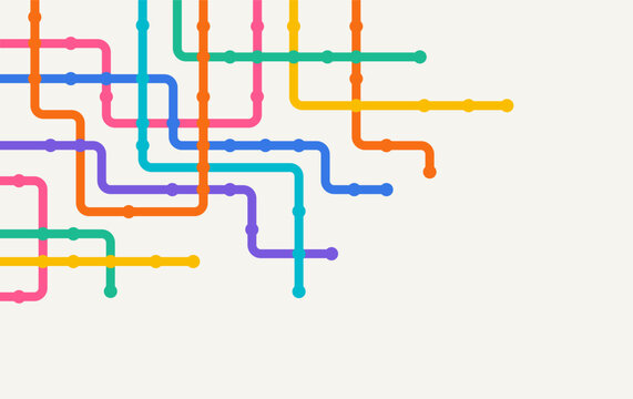 Colorful rounded lines form interconnected routes on a light background, representing networks, communication, navigation, workflow, connections, and data flow.