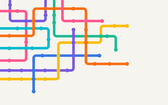 Colorful rounded lines form interconnected routes on a light background, representing networks, communication, navigation, workflow, connections, and data flow.