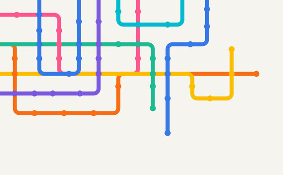 Colorful rounded lines form interconnected routes on a light background, representing networks, communication, navigation, workflow, connections, and data flow.