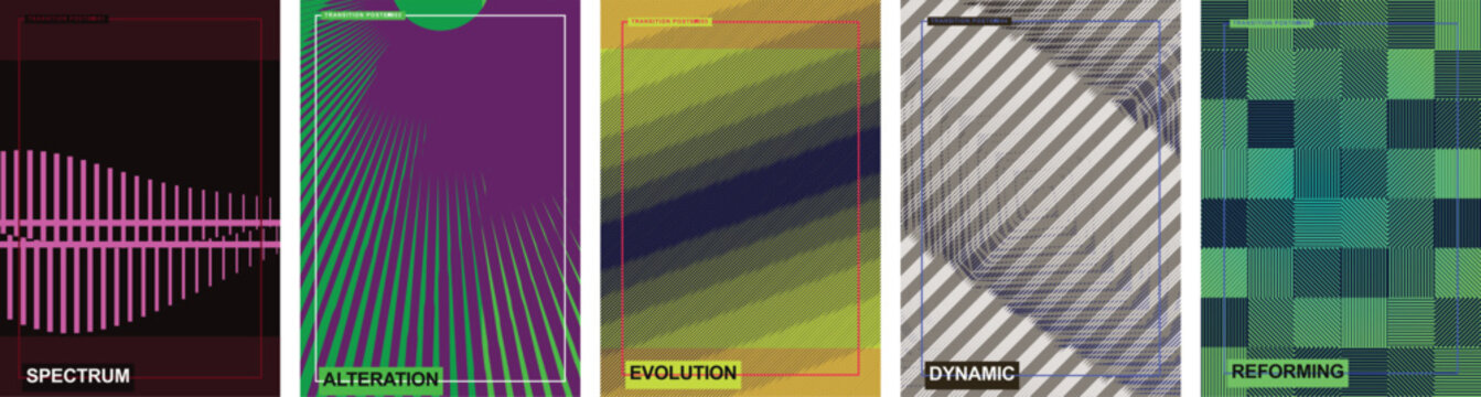 Retro abstract geometric backgrounds set, 5 vector posters with lines, halftone gradients and pixel mosaic patterns for design
