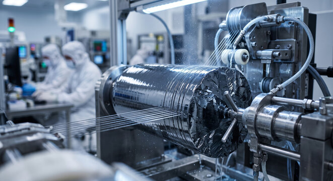 Massive cylindrical silicon ingot being processed in an industrial semiconductor cleanroom by technicians.