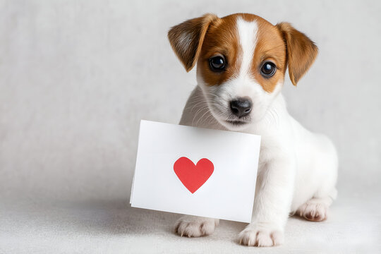 Puppy jack russell terrier holding a greeting card with a red heart, symbolizing love, care, and a heartfelt message for valentine's day, anniversaries, or special moments