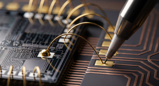 Precision wire bonding equipment securing delicate gold connections onto a dark microchip package.