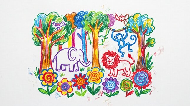 Hand drawn colored pencil jungle illustration with elephants, lion and monkeys among colorful trees, cute children's book style artwork