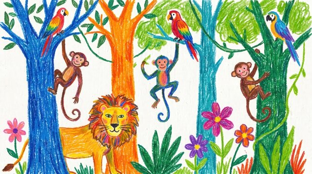Colorful crayon jungle scene with lion, climbing monkeys and parrot in tree, cute hand drawn children's book style nature illustration