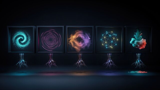 Display panels showcase diverse abstract data visualizations floating above intricate metallic bases in dark space.