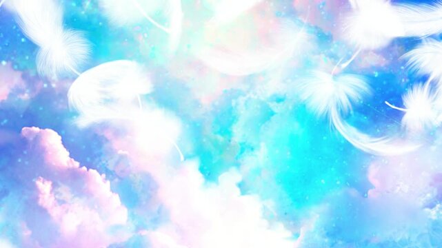 オーロラ色の空の中に光りさす太陽光と天国に続く雲の道の天国背景動画