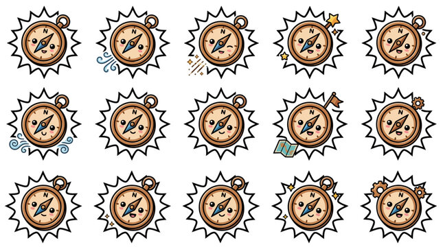 Detailed vintage pocket compass and clock sticker icons.