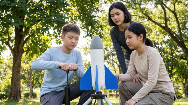 Three Asian school students gather around a blue finned bottle rocket in a leafy park while one learner operates a pump, exploring pressure, propulsion and teamwork through an outdoor STEM project