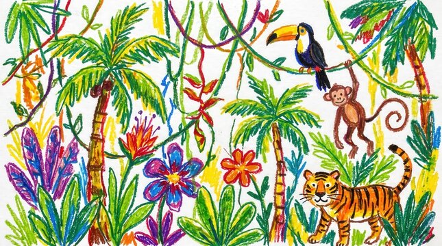 Colorful hand drawn crayon jungle scene with toucan, tiger, monkey and palm trees among flowers, cute children's book style illustration