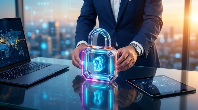 Businessman holds glowing digital padlock with world map on laptop