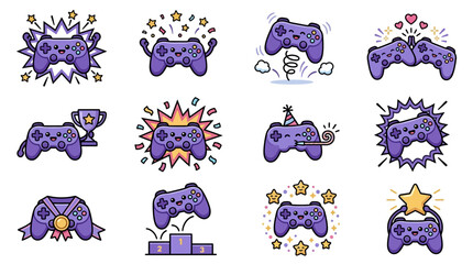 Gaming achievement and trophy icons with purple controllers © Fatin
