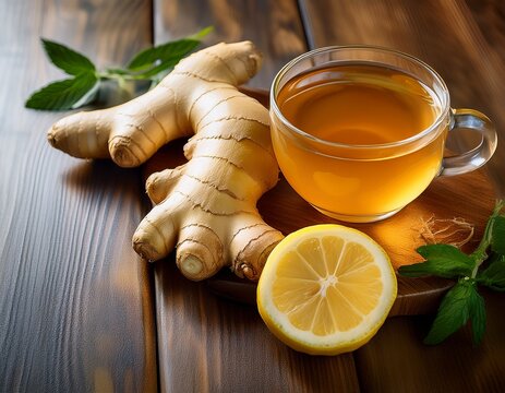 fresh ginger root accompanied by lemon slices and a cup of ginger tea showcasing natural ingredients for a healthy lifestyle
