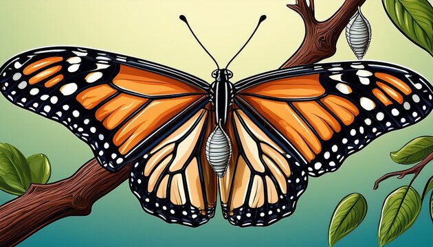 monarch butterfly emerging from chrysalis on green branch symbol of transformation growth and renewal