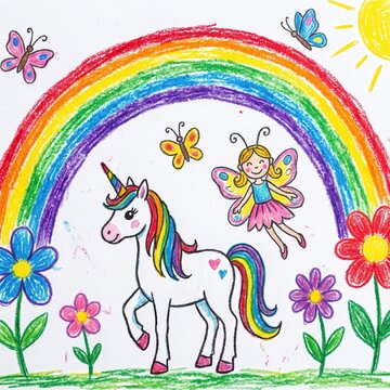 Hand drawn colored pencil unicorn with fairies, butterflies and hearts under rainbow over flowers, cute children's book style illustration