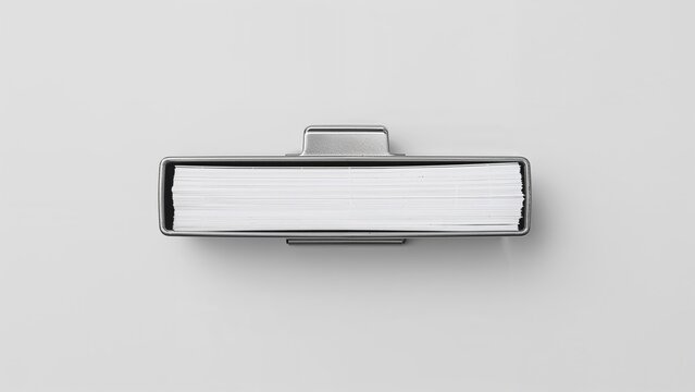 A thick closed book placed in a white box with a handle on top, viewed from above.