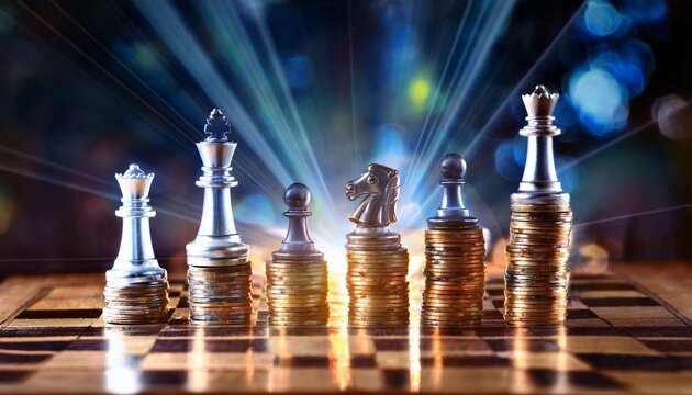 strategic chess pieces and coin stacks connected by light beams