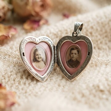 A heart-shaped silver locket opens to reveal two vintage oval portraits of a smiling girl and a boy, a timeless keepsake evoking nostalgia and cherished memories.