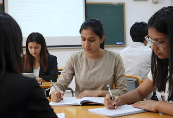 Fototapeta premium South Asian female students taking notes in classroom