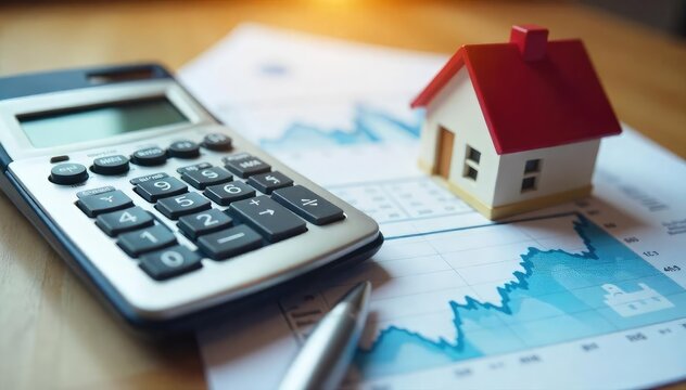 A calculator displaying a low mortgage interest rate, alongside a house miniature and paperwork, signifying financial planning and homeownership , savings, rate, loan