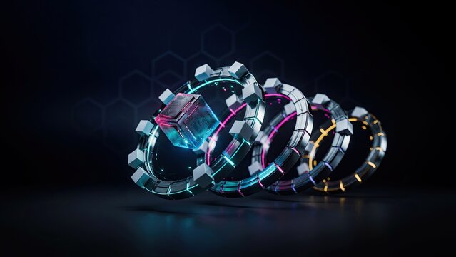 Gears metallic mechanical rings surround a central glowing cube to illustrate complex industrial automation.