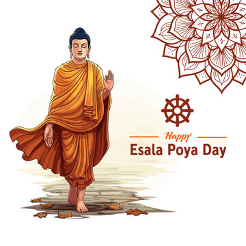 Esala Poya Day Wishes Flyer with Walking Buddha, Dharma Wheel, and Mandala for Buddhist Holiday Greetings - Pinbara Esala Poya Dinayak Weva