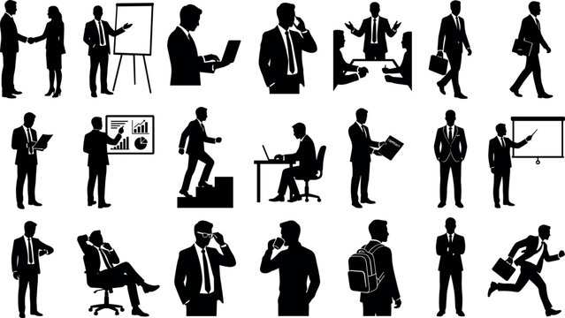 Business professional silhouettes showing corporate work office tasks and leadership roles