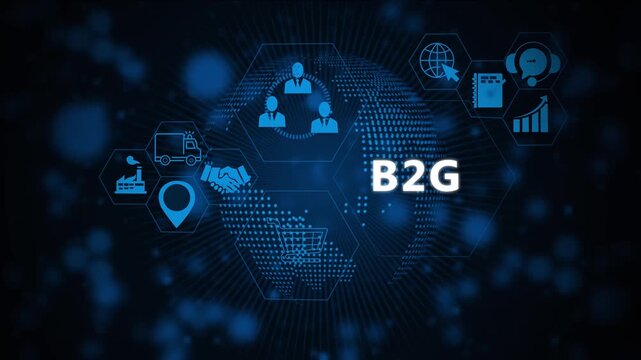Dynamic b2g business to government digital interface featuring animated global network connections, corporate and futuristic data communication technology for enterprise presentations