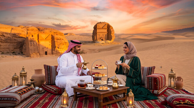 Arab couple enjoying traditional tea and sweets in desert with scenic rock formations and sunset.