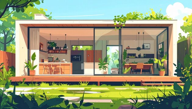 Modern suburban house with attached garage and garden.