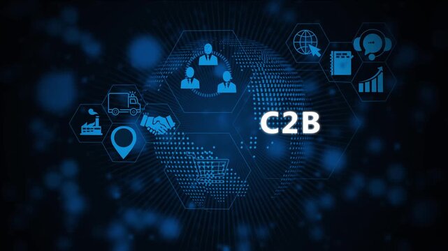 Digital c2b consumer to business e-commerce concept featuring animated global network connectivity futuristic data visualization, online marketing strategy, and corporate digital transformation