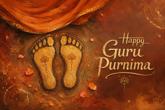 Sacred golden footprints with lotus symbols and flower petals honoring guru purnima hindu religious festival on richly textured traditional indian devotional background art