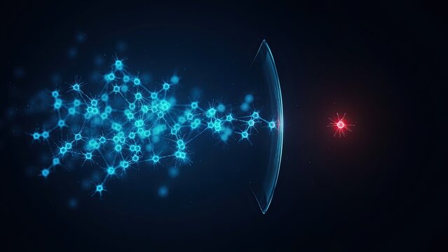 Network nodes form a complex interconnected web that pulses toward a singular bright red point of data interest.