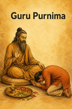 Devoted disciple bowing before seated spiritual master with ceremonial lamp and flowers during guru purnima hindu religious festival celebrating respect gratitude and worship