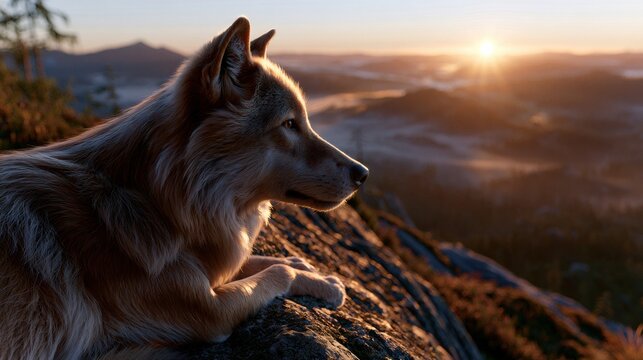 Wolf and She-Wolf Resting on a Granite Cliff