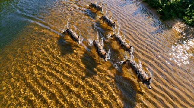 Wolf Pack Crosses Clear River in Sunlit Valley