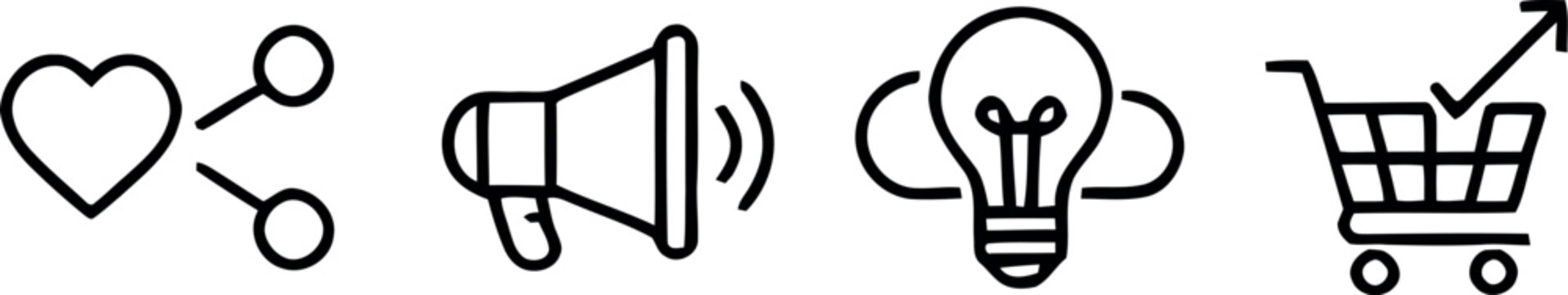 Set of black and white outline icons representing social media engagement marketing ideas and online shopping growth