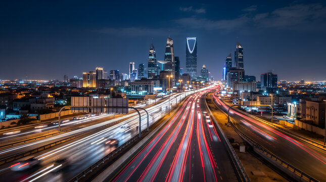 Busy highway in Riyadh city at night with light trails and modern skyscrapers.