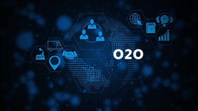Digital o2o online to offline business strategy concept with animated global network futuristic blue data connectivity interface, e-commerce integration, and corporate marketing technology