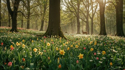 Fototapeta premium A peaceful forest scene with trees, blooming flowers, and a deer in the background during daytime.