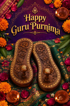 Guru purnima celebration with carved wooden paduka flowers and glowing oil lamps honoring spiritual teachers during hindu religious festival in traditional indian style