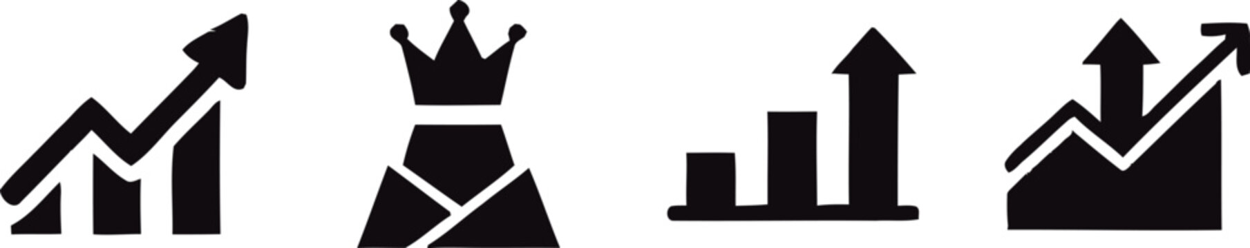 Set of black business growth icons showing financial progress and success with bar charts and arrows