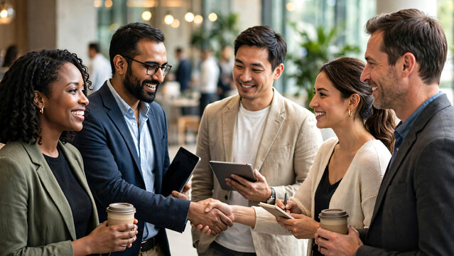 A multicultural group of professionals in casual business attire socializing and networking during a business event in a contemporary office building. 