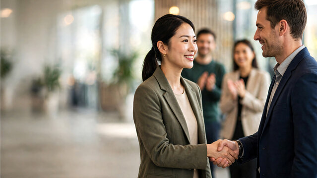 A professional Asian businesswoman in elegant casual business wear shaking hands with an HR manager during a successful onboarding meeting in a contemporary office.