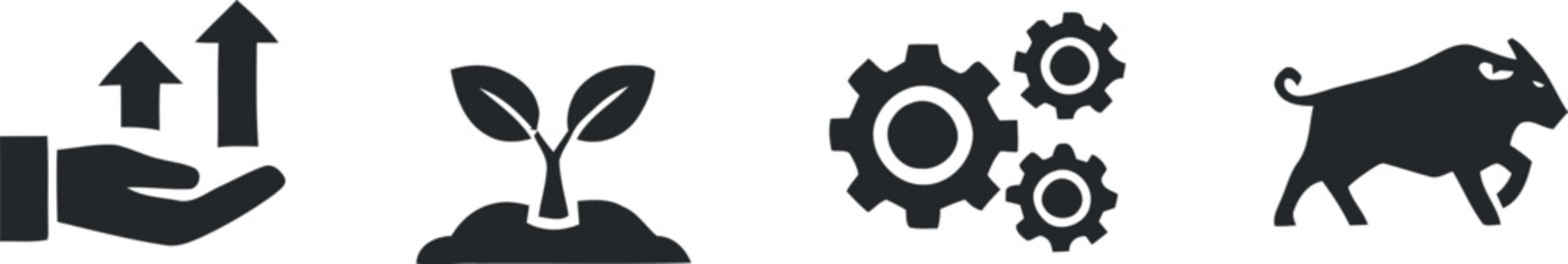 Set of four black icons representing business growth plant development industrial gears and a buffalo silhouette