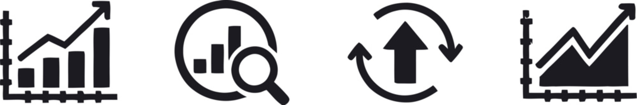 Set of four black business icons featuring growth charts and data analysis symbols on a white background