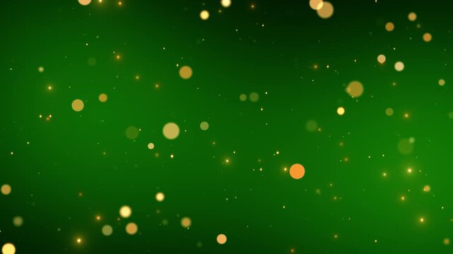 abstract green hristmas and new year glitter stars and golden bokeh lights animation ,winter holiday celebration shiny and glowing gold particles social media motion background