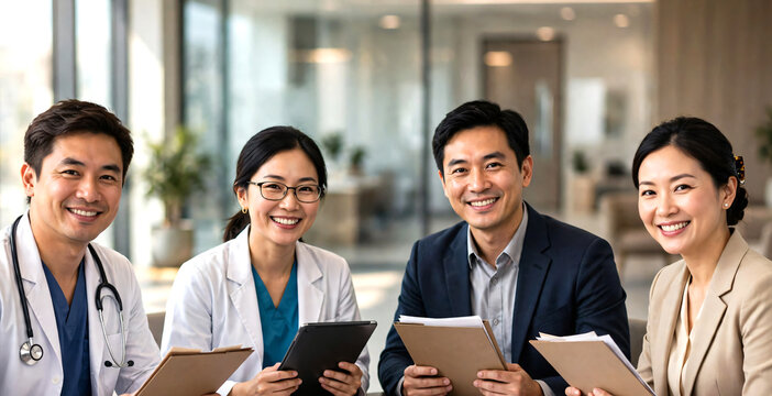 A multidisciplinary healthcare team consisting of doctors, a business manager, and an HR administrator smiling directly discussing patient management systems, insurance claims, staff policies.