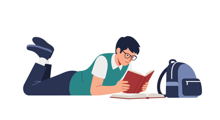 Fototapeta premium Student Lying Down and Reading a Book Flat Vector Illustration