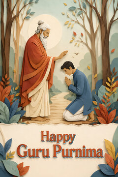 Guru purnima paper cut illustration of elderly guru blessing kneeling student in tranquil forest for hindu religious festival celebration and spiritual gratitude concept